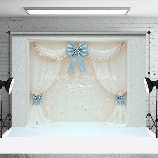Lofaris Elegant White Curtain Photography Backdrop Blue Bows with Fairy Lights Wedding or Bridal Shower Photo Booth Decor