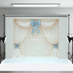 Lofaris Elegant White Curtain Photography Backdrop Blue Bows with Fairy Lights Wedding or Bridal Shower Photo Booth Decor