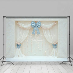 Lofaris Elegant White Curtain Photography Backdrop Blue Bows with Fairy Lights Wedding or Bridal Shower Photo Booth Decor