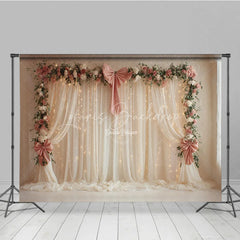 Lofaris Elegant White Curtain Photography Backdrop with Pink Bows Floral Garland and Fairy Lights Wedding Photo Booth