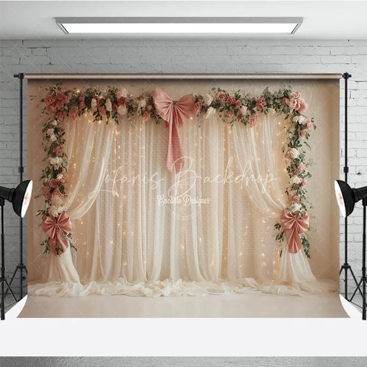 Lofaris Elegant White Curtain Photography Backdrop with Pink Bows Floral Garland and Fairy Lights Wedding Photo Booth