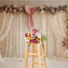 Lofaris Elegant White Curtain Photography Backdrop with Pink Bows Floral Garland and Fairy Lights Wedding Photo Booth