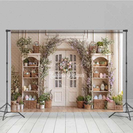 Lofaris Elegant White Door Easter Photography Backdrop Floral Wreath and Pastel Egg Shelves Studio Background