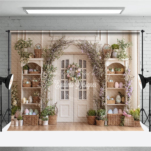 Lofaris Elegant White Door Easter Photography Backdrop Floral Wreath and Pastel Egg Shelves Studio Background