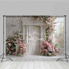 Lofaris Elegant White Door Photography Backdrop Pink Climbing Roses and Chandelier Romantic Wedding Photo Background