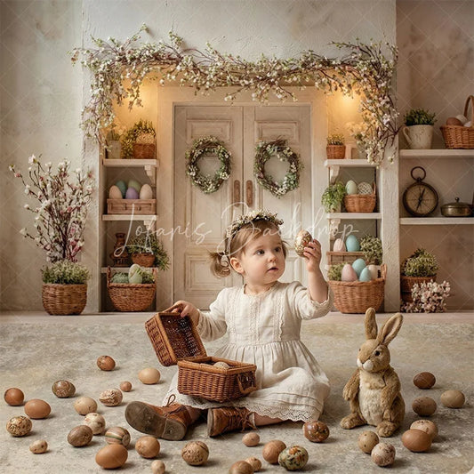 Lofaris Elegant White Double Door Floral Garland Combo Set Backdrop Rustic Easter Spring Photography Decor with Pastel Eggs