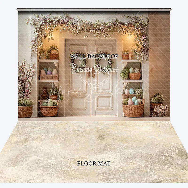 Lofaris Elegant White Double Door Floral Garland Combo Set Backdrop Rustic Easter Spring Photography Decor with Pastel Eggs