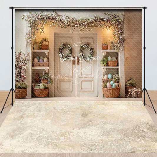 Lofaris Elegant White Double Door Floral Garland Combo Set Backdrop Rustic Easter Spring Photography Decor with Pastel Eggs