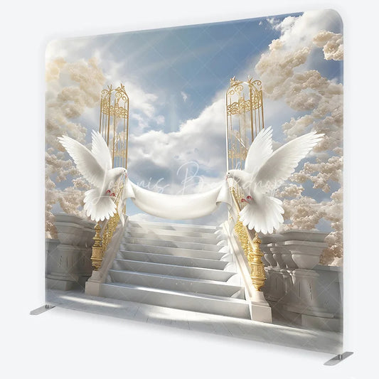 Lofaris Elegant White Doves and Golden Gates Square Tension Backdrop Heavenly Marble Stairs for Wedding Baptism or Memorial