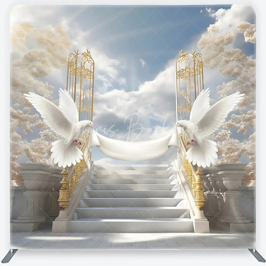 Lofaris Elegant White Doves and Golden Gates Square Tension Backdrop Heavenly Marble Stairs for Wedding Baptism or Memorial