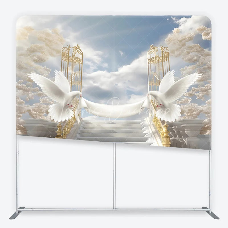 Lofaris Elegant White Doves and Golden Gates Square Tension Backdrop Heavenly Marble Stairs for Wedding Baptism or Memorial