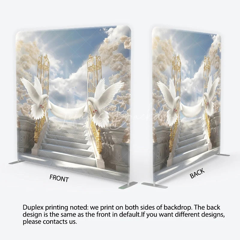 Lofaris Elegant White Doves and Golden Gates Square Tension Backdrop Heavenly Marble Stairs for Wedding Baptism or Memorial