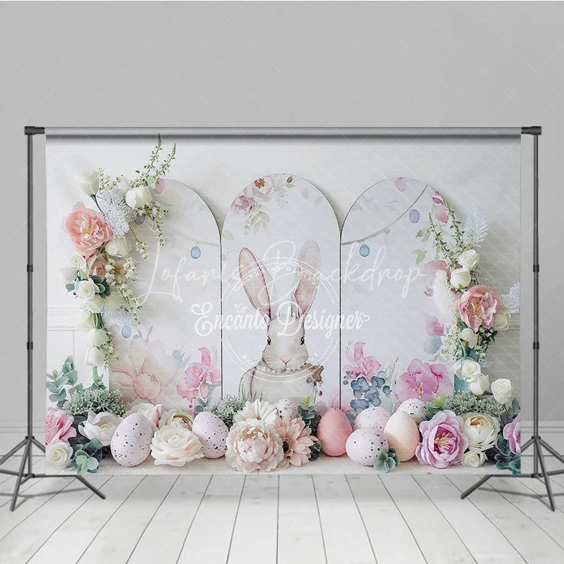 Lofaris Elegant White Easter Bunny Backdrop Floral Arch and Speckled Eggs Spring Party Decoration