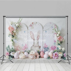Lofaris Elegant White Easter Bunny Backdrop Floral Arch and Speckled Eggs Spring Party Decoration
