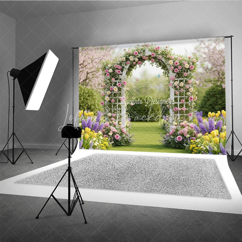 Lofaris Elegant White Floral Arch Photography Backdrop with Pink and Yellow Roses Spring Garden Wedding Celebration