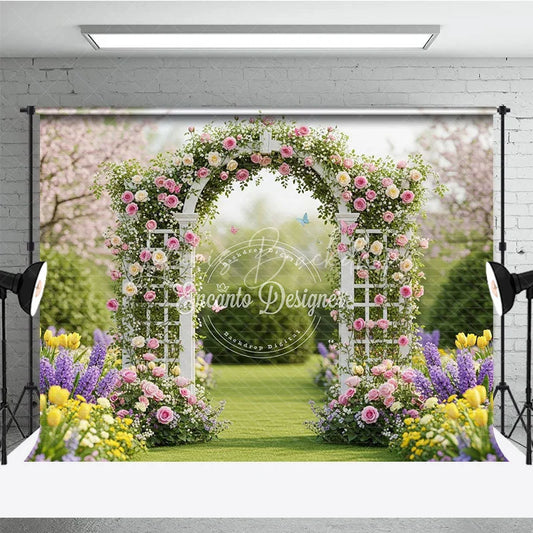 Lofaris Elegant White Floral Arch Photography Backdrop with Pink and Yellow Roses Spring Garden Wedding Celebration