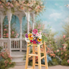 Lofaris Elegant White Gazebo Photography Backdrop with Pastel Pink and Peach Flowers Romantic Garden Scene for Weddings