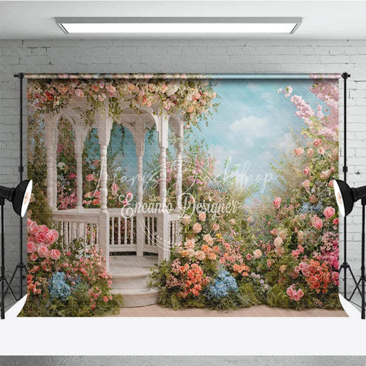 Lofaris Elegant White Gazebo Photography Backdrop with Pastel Pink and Peach Flowers Romantic Garden Scene for Weddings