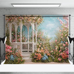 Lofaris Elegant White Gazebo Photography Backdrop with Pastel Pink and Peach Flowers Romantic Garden Scene for Weddings