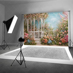 Lofaris Elegant White Gazebo Photography Backdrop with Pastel Pink and Peach Flowers Romantic Garden Scene for Weddings