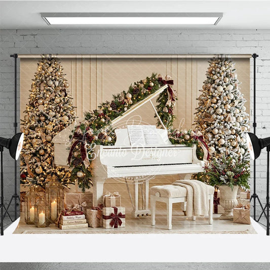 Lofaris Elegant White Grand Piano and Flocked Christmas Trees Holiday Backdrop Festive Gold Ornaments Musical Decor