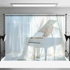 Lofaris Elegant White Grand Piano Photography Backdrop Flowing Curtains Bright Window Photo Background Music Room Prop