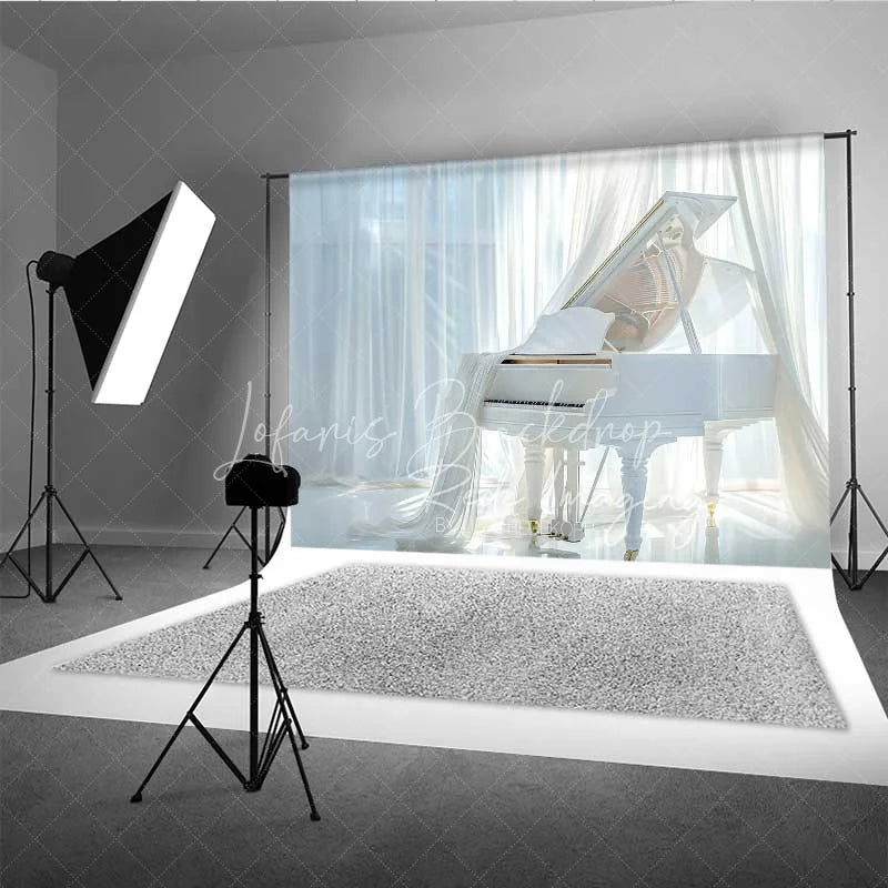 Lofaris Elegant White Grand Piano Photography Backdrop Flowing Curtains Bright Window Photo Background Music Room Prop