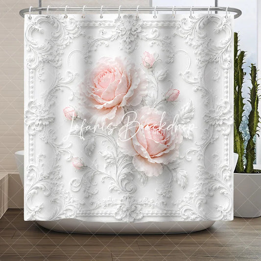Lofaris Elegant White Ornate Frame with Blush Pink Roses Floral Shower Curtain Classic Romantic Bathroom Decor.