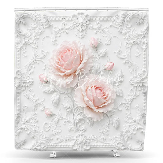 Lofaris Elegant White Ornate Frame with Blush Pink Roses Floral Shower Curtain Classic Romantic Bathroom Decor.