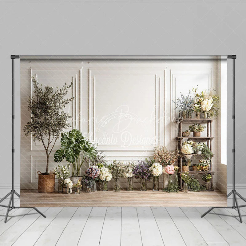 Lofaris Elegant White Paneled Wall with Assorted Flowers and Greenery Photography Backdrop Rustic Studio Portrait Decor for Photoshoots
