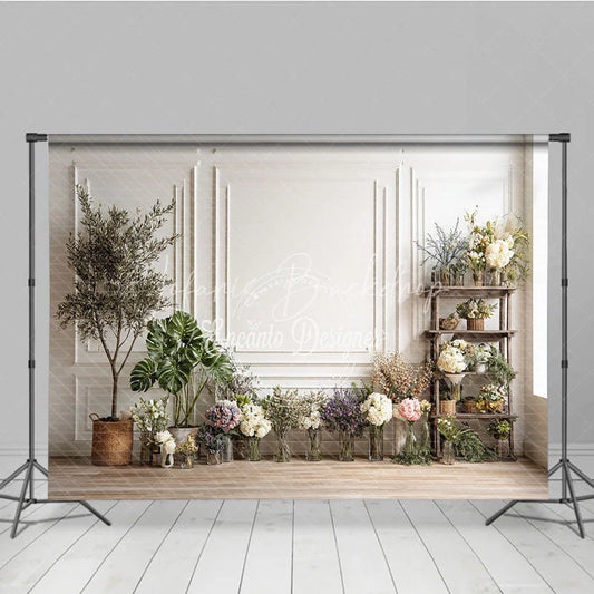 Lofaris Elegant White Paneled Wall with Assorted Flowers and Greenery Photography Backdrop Rustic Studio Portrait Decor for Photoshoots