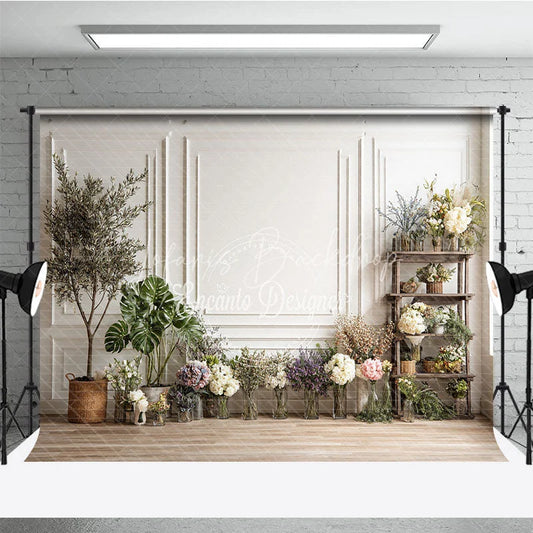 Lofaris Elegant White Paneled Wall with Assorted Flowers and Greenery Photography Backdrop Rustic Studio Portrait Decor for Photoshoots
