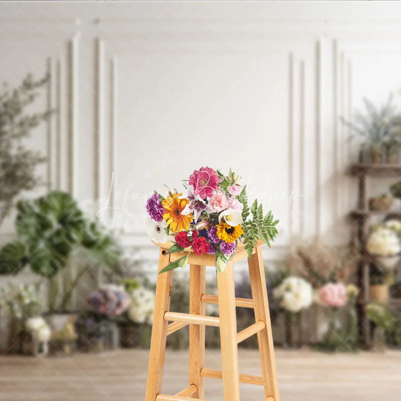 Lofaris Elegant White Paneled Wall with Assorted Flowers and Greenery Photography Backdrop Rustic Studio Portrait Decor for Photoshoots