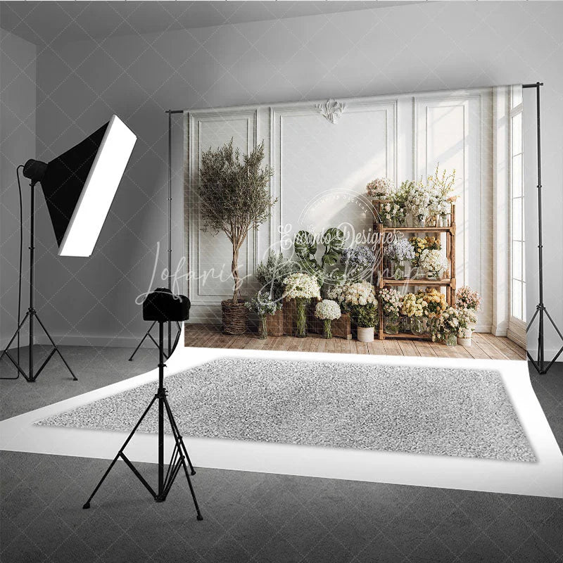 Lofaris Elegant White Paneled Wall with Olive Tree and Floral Arrangements Photography Backdrop Natural Light Studio Decor