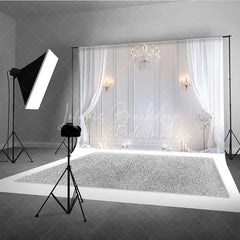 Lofaris Elegant White Room Photography Backdrop Crystal Chandelier Curtains Candles Background Wedding Bridal Photo Prop