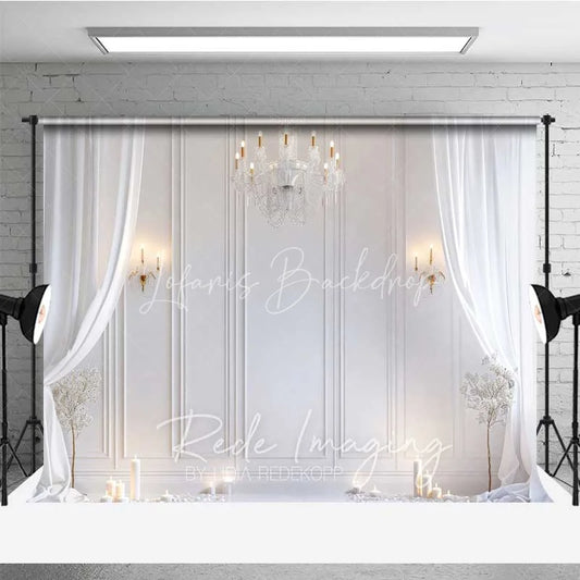Lofaris Elegant White Room Photography Backdrop Crystal Chandelier Curtains Candles Background Wedding Bridal Photo Prop