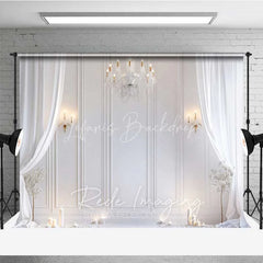 Lofaris Elegant White Room Photography Backdrop Crystal Chandelier Curtains Candles Background Wedding Bridal Photo Prop