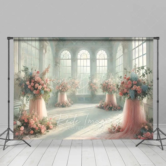 Lofaris Elegant White Room Wedding Backdrop Arched Windows and Pink Floral Tulle Stands Photography Background for Bridal