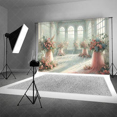 Lofaris Elegant White Room Wedding Backdrop Arched Windows and Pink Floral Tulle Stands Photography Background for Bridal