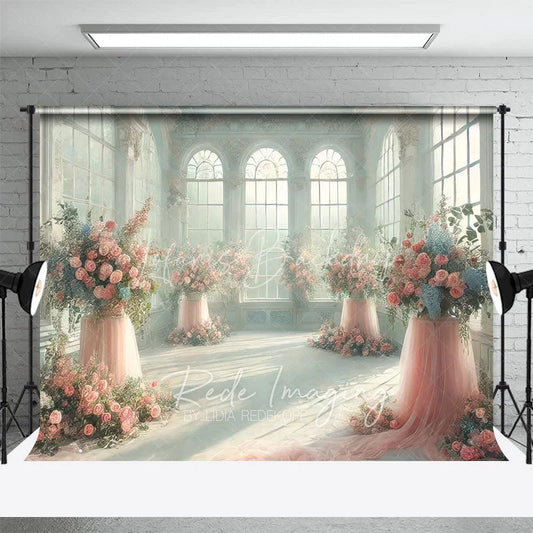 Lofaris Elegant White Room Wedding Backdrop Arched Windows and Pink Floral Tulle Stands Photography Background for Bridal