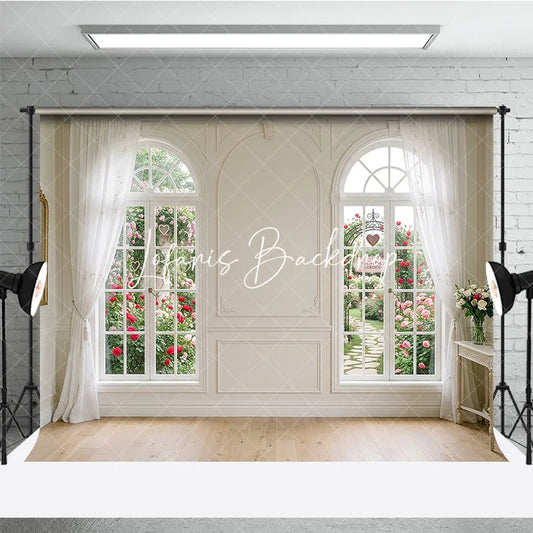 Lofaris Elegant White Room with Arched Windows and Rose Garden Photography Backdrop Romantic Valentine’s Day Theme