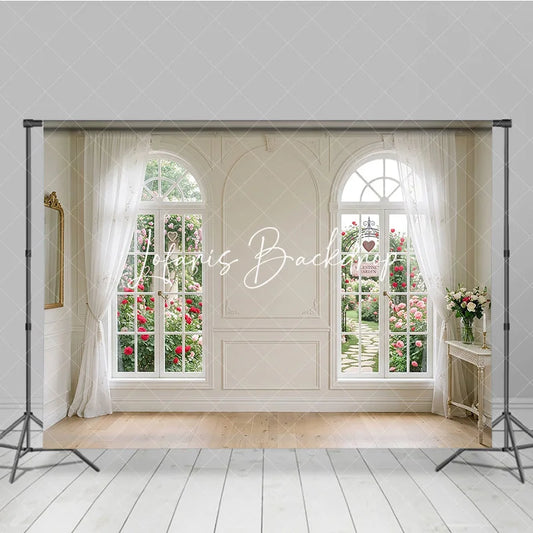 Lofaris Elegant White Room with Arched Windows and Rose Garden Photography Backdrop Romantic Valentine’s Day Theme