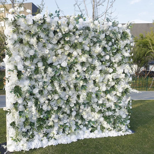 Lofaris Elegant White Rose and Green Leaf Artificial Flower Wall Lush Floral Backdrop for Wedding Party Events