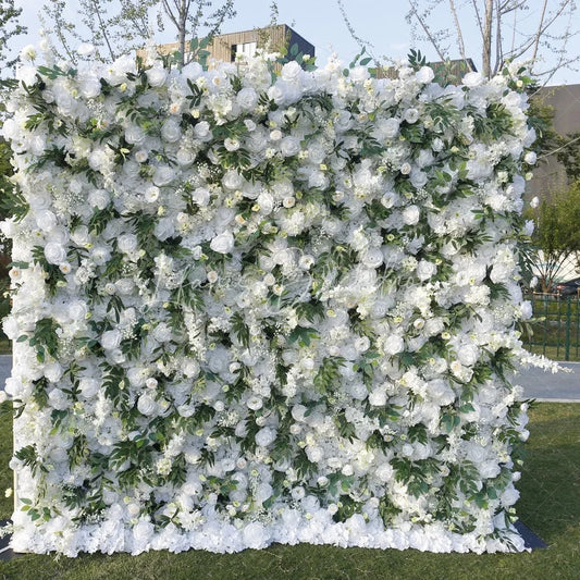 Lofaris Elegant White Rose and Green Leaf Artificial Flower Wall Lush Floral Backdrop for Wedding Party Events