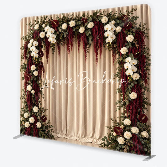 Lofaris Elegant White Rose and Orchid Floral Arch Square Double-Sided Backdrop Deep Red Amaranthus Wedding Decor