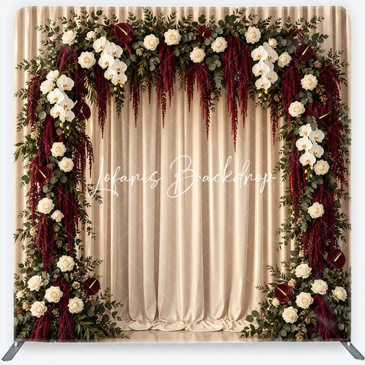 Lofaris Elegant White Rose and Orchid Floral Arch Square Double-Sided Backdrop Deep Red Amaranthus Wedding Decor