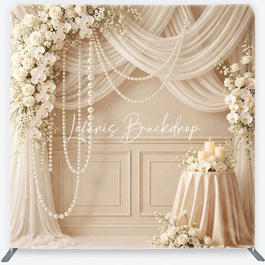 Lofaris Elegant White Rose Orchid and Pearl Wedding Square Double-Sided Backdrop Cream Drapes Candles Celebration Decor