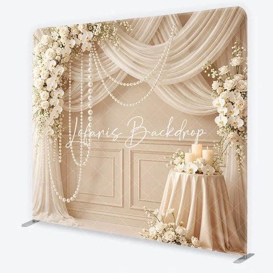 Lofaris Elegant White Rose Orchid and Pearl Wedding Square Double-Sided Backdrop Cream Drapes Candles Celebration Decor