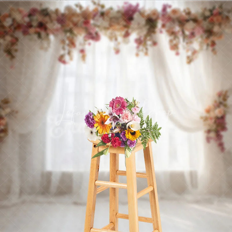 Lofaris Elegant White Sheer Curtain Photography Backdrop with Peach and Pink Floral Arch Romantic Wedding or Baby Shower Decor
