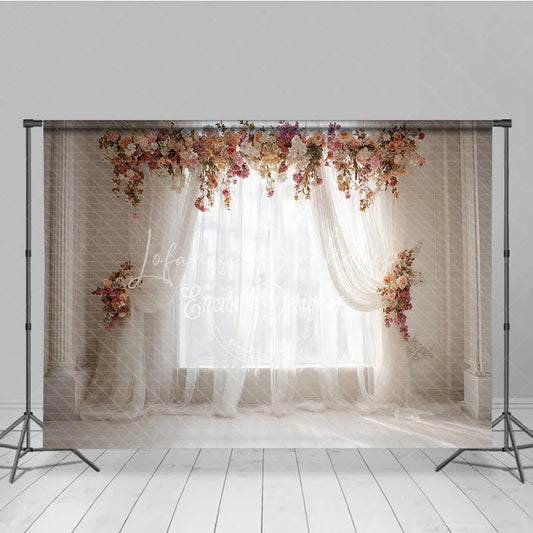 Lofaris Elegant White Sheer Curtain Photography Backdrop with Peach and Pink Floral Arch Romantic Wedding or Baby Shower Decor